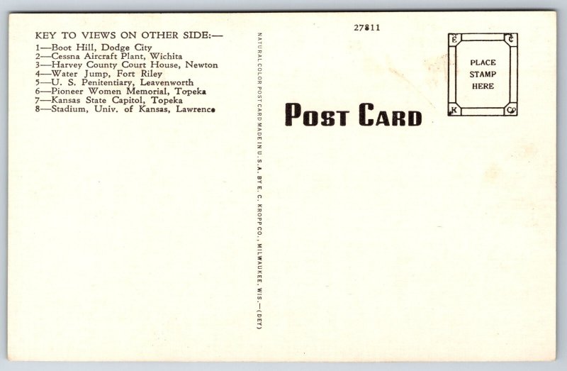 State Map~Kansas Multi-View~State Capitol Topeka~Newton~Wichita~Iola~Vintage PC