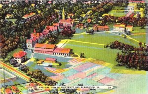 Airplane View University & Burlington Vermont Linen Postcard c1945