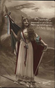 WWI France Au Drapeau Patriotic French Woman Tinted Real Photo Vintage Postcard