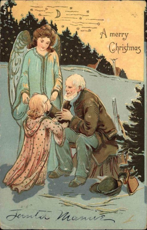 CHRISTMAS Angel w Little Girl and Old Man w Hunting Rifle c1905 Postcard