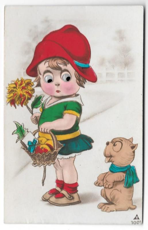 Mechanical Add On Moving Eyes Girl w Basket and Dog Postcard