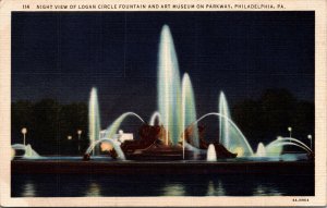 Night View Logan Circle Fountain Art Museum Parkway Philadelphia PA Postcard VTG 