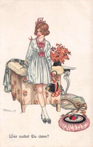 Lady by Couch with Flowers Artist Signed Hahn Vintage Postcard AA69949