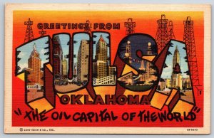 Tulsa Oklahoma~Oil Fields~Main Street~Large Letter Linen Postcard