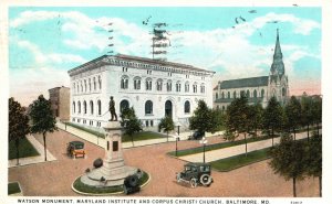 Vintage Postcard 1931 Watson Monument Maryland Institute & Church Baltimore MD