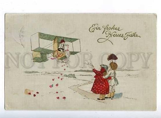 184802 NEW YEAR Cute Kids on PLANE Biplane Vintage color PC