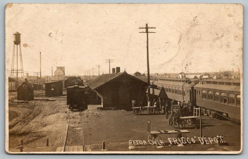 Afton OK~Trains Arrive~Busy Frisco Depot~Railroad Station~Water Tower~1911 RPPC