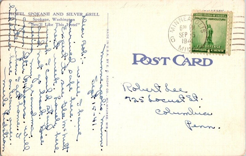 Ye Sign of Ye Silver Grill, Hotel Spokane Spokane WA c1941 Vintage Postcard L56