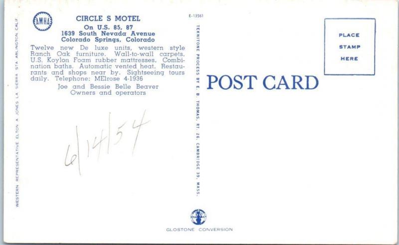 Colorado Springs Co Roadside Circle S Motel Circle S 1954 Postcard United States Colorado Other Postcard Hippostcard