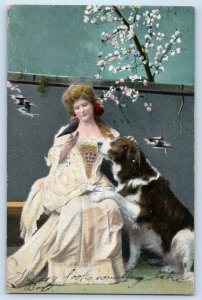 c1910's Pretty Woman With Bird And Dog Flowers Tree Scene Antique Postcard