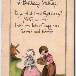 c1915 Birthday Greeting Postcard Dutch Children Windmill German Text A402