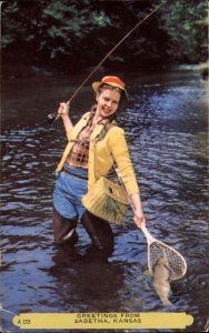 Sabetha Kansas KS Pretty Woman Fishing All American Fashion Chrome Postcard