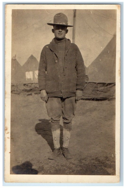 c1910's Candid Base Tents WWI US Army Military Uniform RPPC Photo Postcard