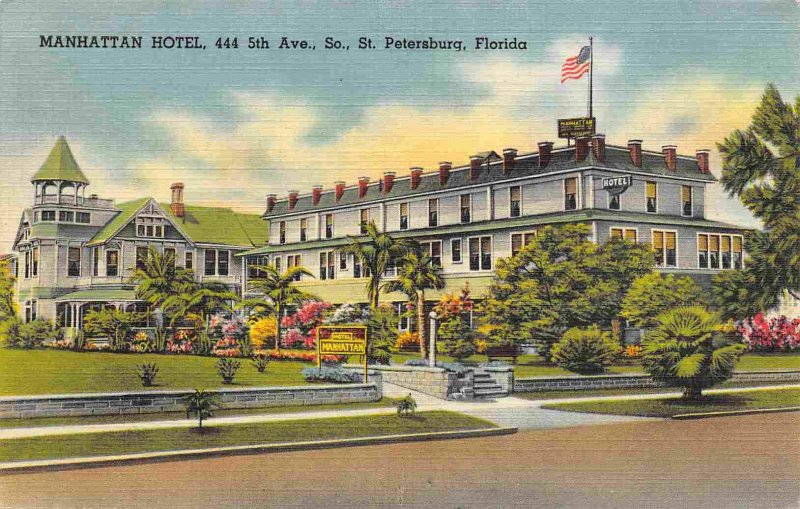 Manhattan Hotel St Petersburg Florida 1940s linen postcard