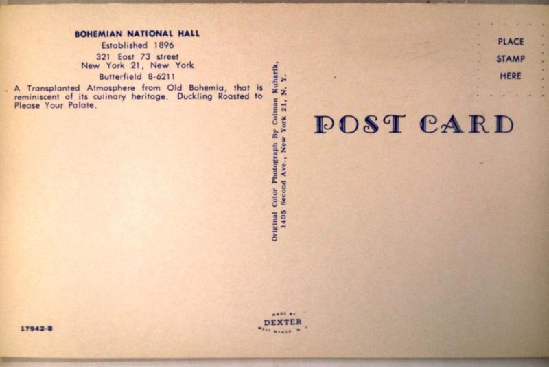 Unused pre-1970 BOHEMIAN HALL RESTAURANT New York City Manhattan NY card y3164