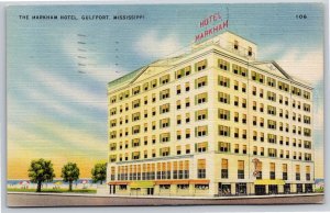 Gulfport Mississippi~Street View Of The Markham Hotel~PM 1952~Vtg Linen Postcard