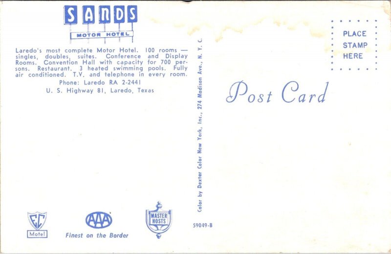 Sands Motor Hotel, Laredo TX Vintage Postcard W69