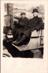 1900 Real Photo Postcard Two Men Siting in a Photo Studio Automobile