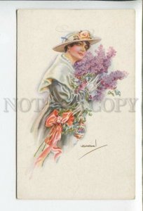 433913 FASHION Charming Lady LILAC flowers by USABAL Vintage ERKAL postcard