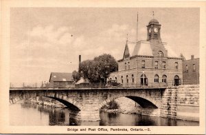 Postcard ON Pembroke Bridge & Post Office Clock Tower Muskrat River 1940s S97