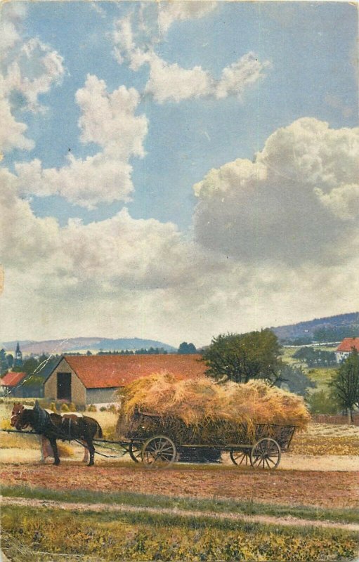 Photochromie early postcard horses cart agriculture scenery