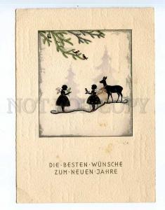 250836 GERMANY NEW YEAR Elf DEER Vintage silhouette postcard