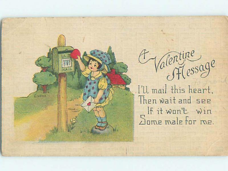 1918 valentine signed CUTE GIRL MAILING A HEART AT THE MAILBOX o5065