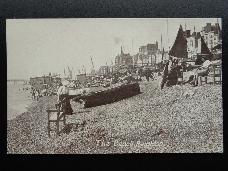 East Sussex BRIGHTON The Beach showing Mixed Bathing Huts - Old Postcard