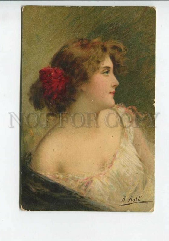 436118 Angelo ASTI Portrait of Woman w/ Red Flower Vintage color postcard