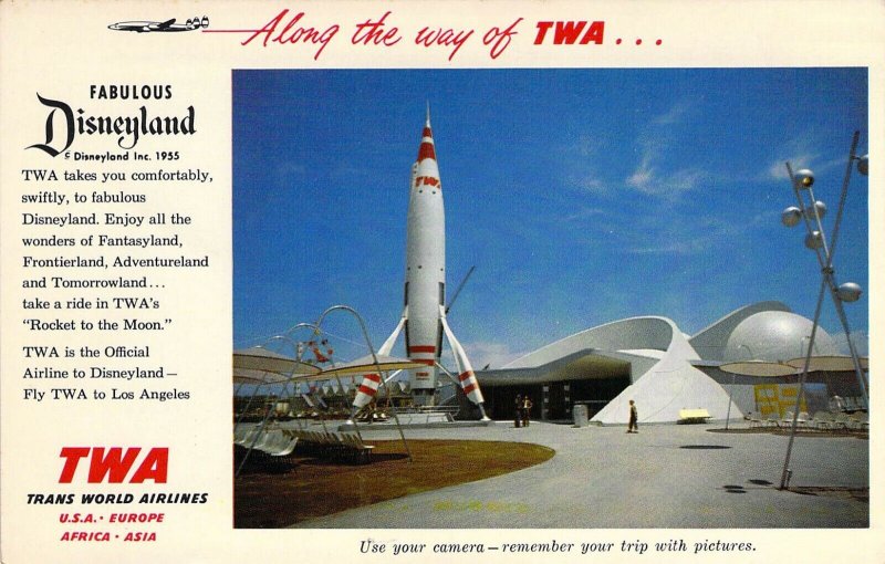 TWA Airline Disneyland Tommorowland Rocket Trans World Airlines Old Postcard