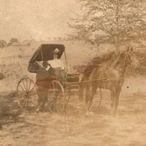 Vintage 1910's RPPC Postcard Woman in Horse & Buggy in the Country NICE