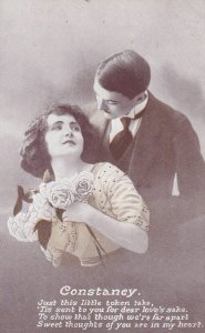 Romance Postcard - Constancy  - Young Man and Young Lady Holding Roses   ZZ2197