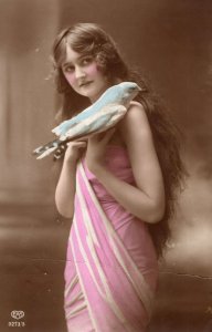 Girl With Giant Beautiful Bird on Shoulder Antique WW1 Glamour Postcard