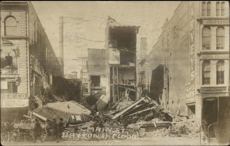 Dayton OH South Main St. Destroyed Bldg Flood Damage c1913 Real Photo Postcard