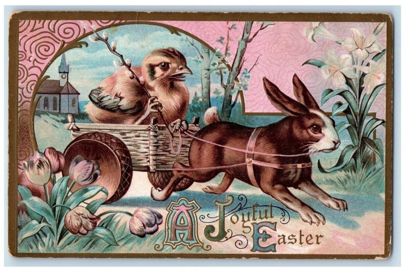 1911 Easter Rabbit Pulling Cart Chick Pipe Berry Flowers Chicago IL Postcard 