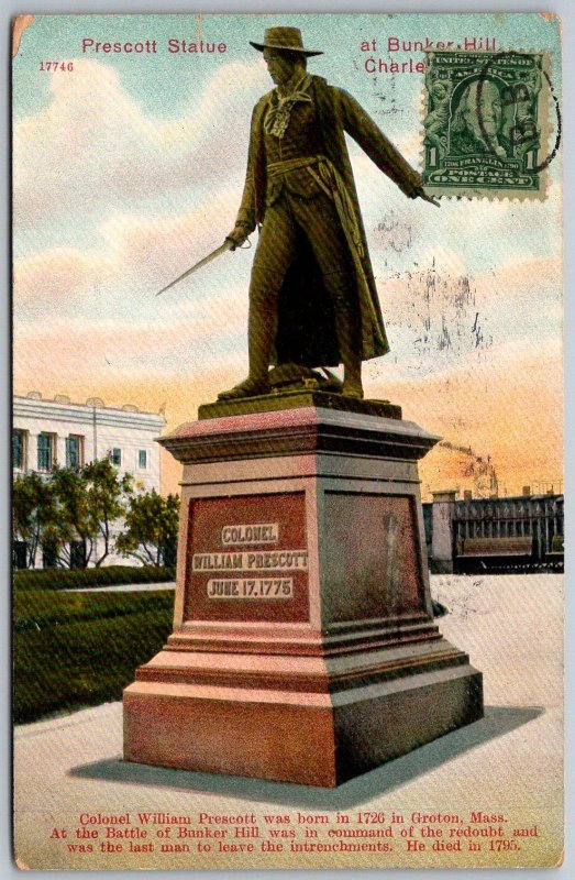 Charlestown Massachusetts 1908 Postcard Bunker Hill Colonel Prescott Statue