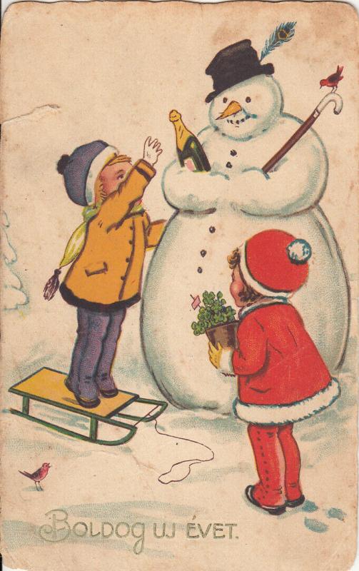 Early New Year greetings postcard children couple snowman cheers champagne