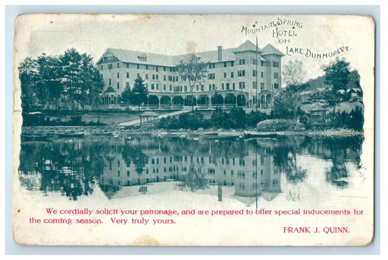 c1900s Mountain Spring Hotel and Lake Dunmore VT PMC Advertising Postcard 