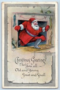 1919 Christmas Greetings Santa Claus On Chimney Hanging Stockings Postcard