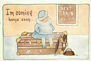 Comic Greeting Railroad Depot Trunk Girl Home 1912 Artist Postcard 21-5246