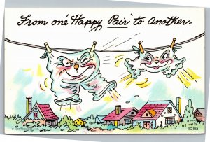 Postcard Comic Underwear on clothesline - From one happy pair to another