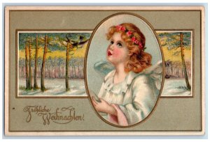 Christmas Postcard Angel Bird Winter Scene Embossed 1909 Posted Antique