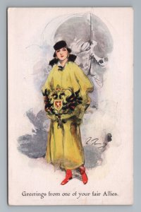 1910s WWI Allies Artistique Woman Lady Yellow WW1 Vintage Postcard 