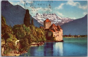 VINTAGE POSTCARD THE CHATEAU DE CHILLON AT MONTREUX FRANCE POSTED 1951