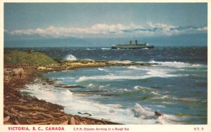 Vintage Postcard C.P.R. Steamer Arriving in Rough Sea Ocean Victoria B.C. Canada