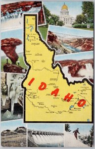 Idaho Map ID Yellow Multiview Unused Kropp Linen Postcard H62