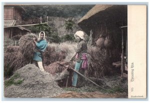 c1905 Women Thrashing Rice Handcolored Agriculture Vintage Antique Postcard 