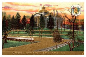 Antique Maine Capitol Building, Gold Foil, Embossed, Augusta, ME Postcard