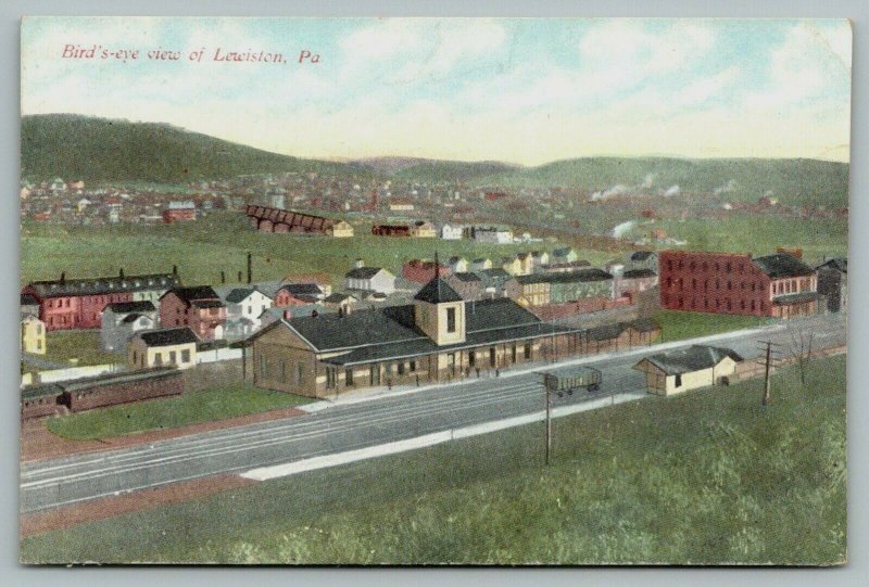 Lewiston Pennsylvania~Bird's Eye View~Railroad Depot~Homes~Business~Artist~c1910