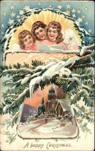 Christmas Angels Carolling Singing Church Tuck Embossed c1900s-10s Postcard